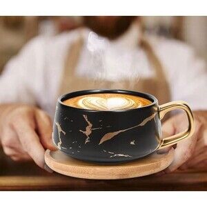 Golden Marble Matte Black 10.5 Oz Ceramic Latte Coffee Tea Cups with Saucer